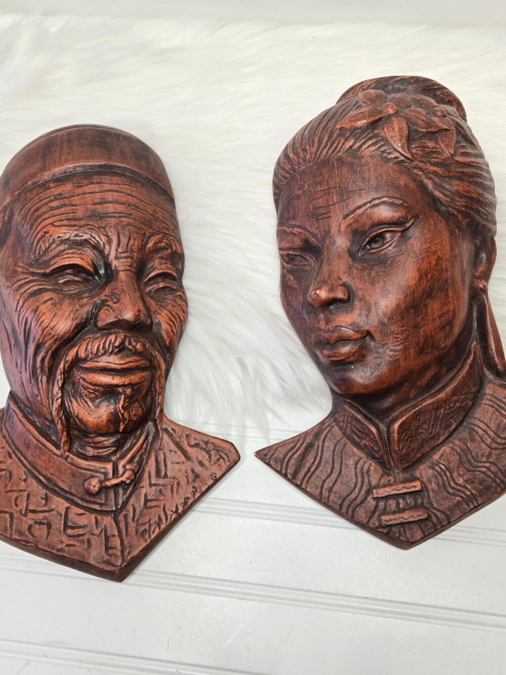 Pair of Vintage African Asian Ceramic Wall Bust Plaques Woman & Man 13" x 8"